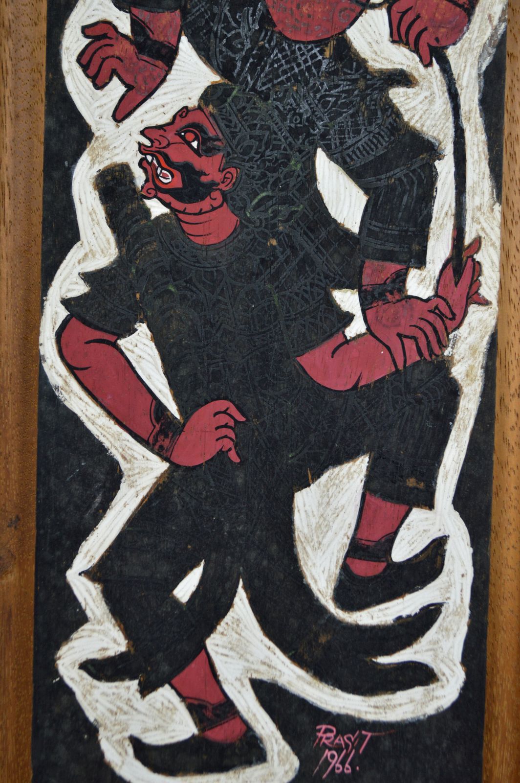 Painted Panel, Mythological Theme, Hanuman Vs Demon By Prasit, Thailand, 1966 photo 270.0