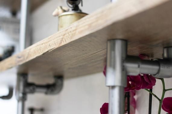 Karen Bespoke Reclaimed Walnut Stained Scaffolding Boards And Polished Steel Pipe Shelving / Shelves / Bookcase photo for sale