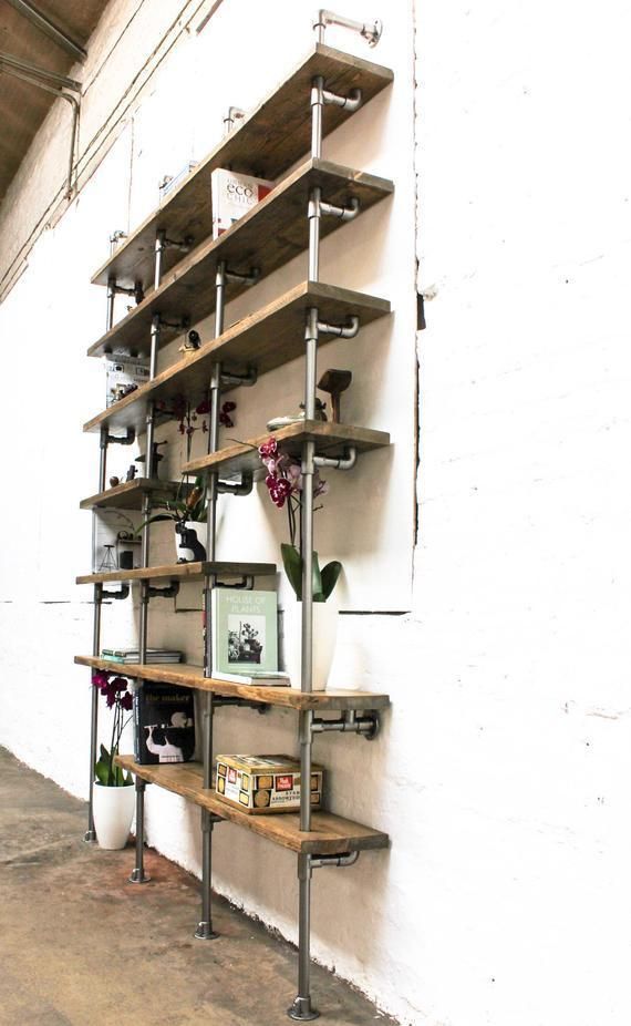 Karen Bespoke Reclaimed Walnut Stained Scaffolding Boards And Polished Steel Pipe Shelving / Shelves / Bookcase photo Furniture