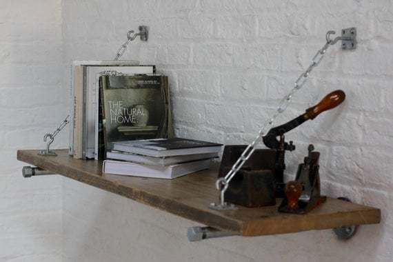 Susie Reclaimed Scaffolding Board Shelf With Galvanised Steel Pipe Wall Brackets And Supporting Chains   Made To Order Industrial Furniture