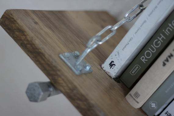 photo furniture Susie Reclaimed Scaffolding Board Shelf With Galvanised Steel Pipe Wall Brackets And Supporting Chains   Made To Order Industrial Furniture
