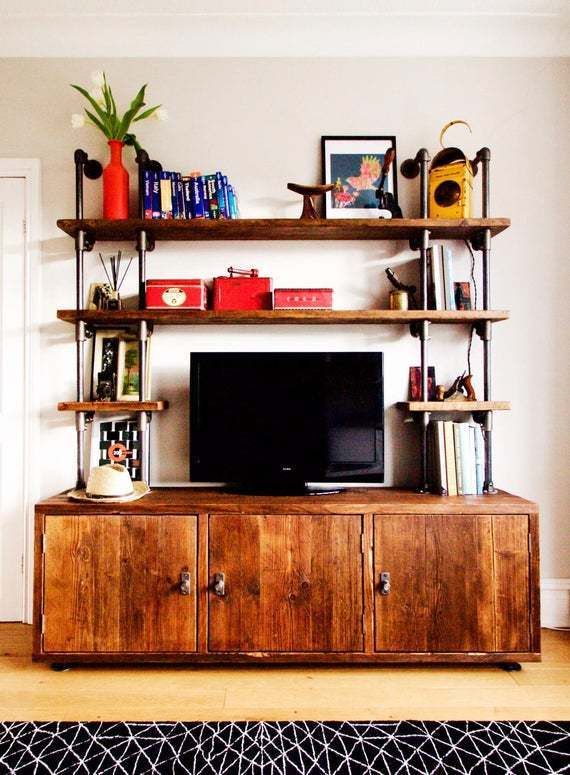 Claudia Reclaimed Chestnut Stained Scaffolding Board And Steel Pipe Shelving Unit With Cupboards