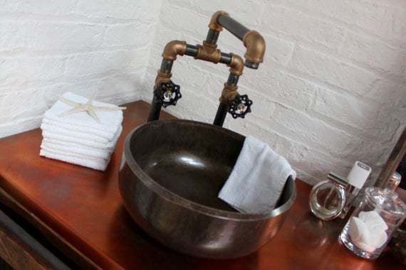 Kristen Patinated Copper Topped Reclaimed Scaffolding Board And Sliding Steel Inlaid Doors Bathroom Unit With Industrial Sink And Mixer Tap photo Furniture