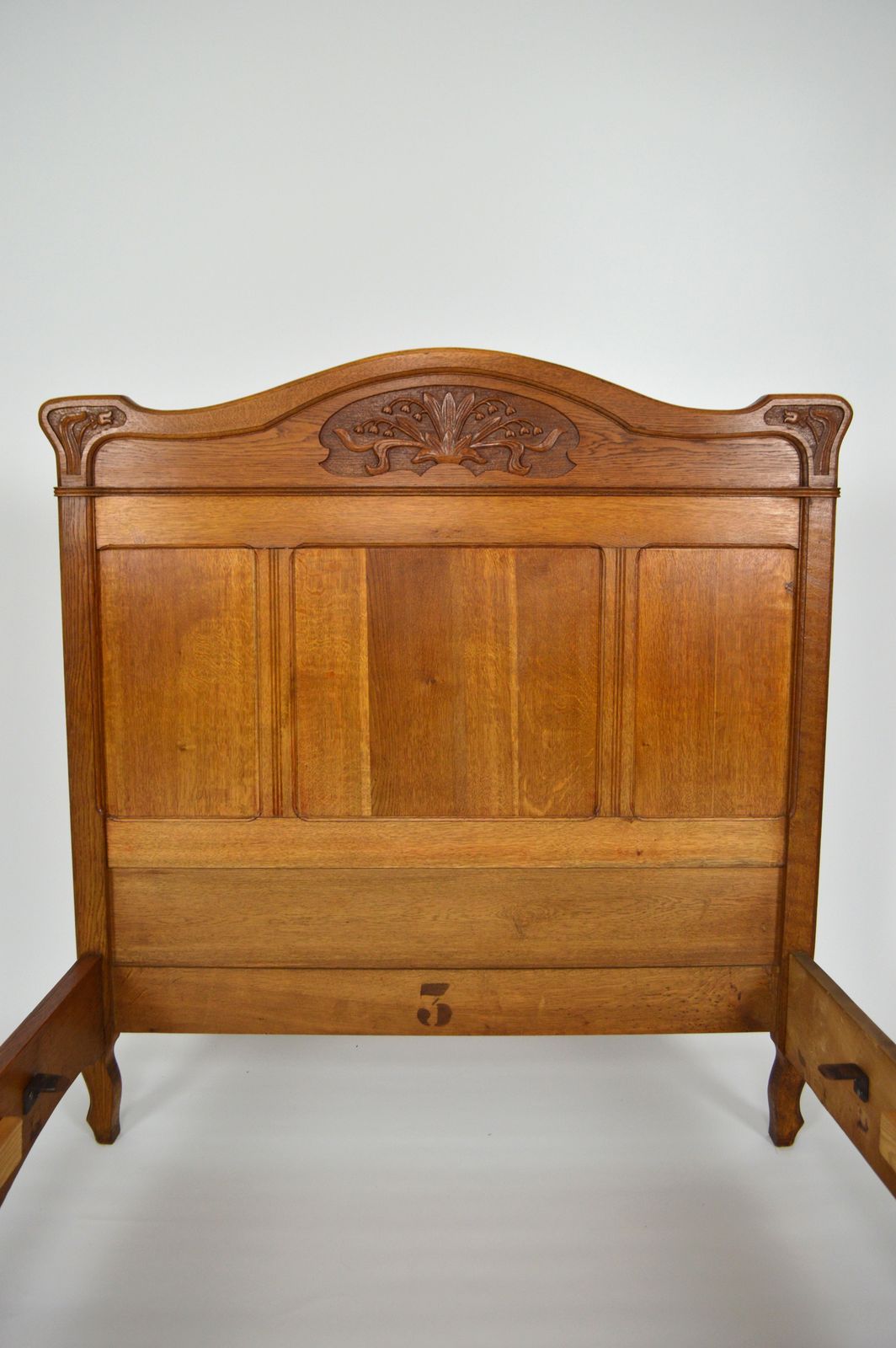 French Art Nouveau Twin Beds Bedroom Set Of 3 In Solid Carved Oak, Circa 1910 photo vintage