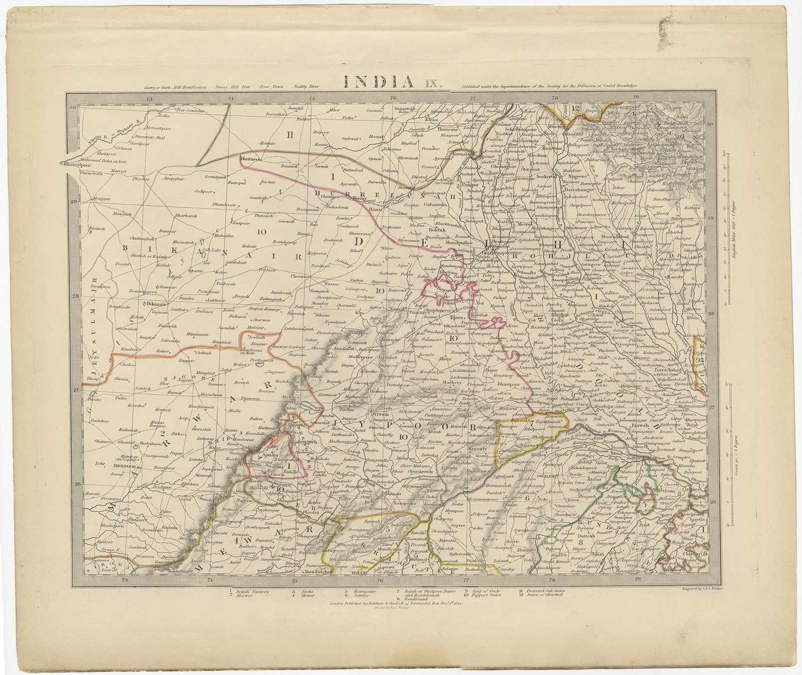 Pl. 9 Antique Map Of The Region Of Delhi By Walker (1833)