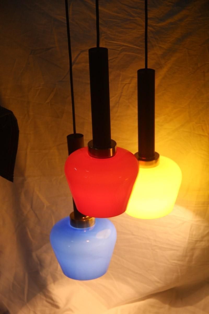 Chandelier Pendant Brass Italian Design Vistosi 1950 Black, Yellow, Blu, Red photo Lighting
