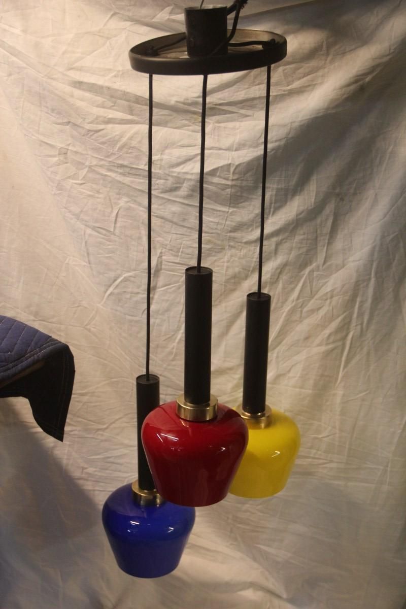 Chandelier Pendant Brass Italian Design Vistosi 1950 Black, Yellow, Blu, Red photo 2570.0