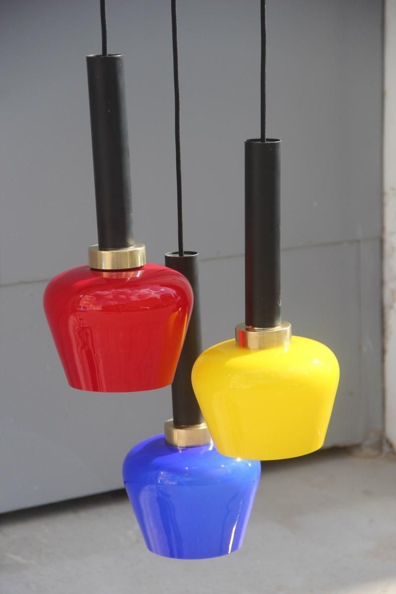 photo for sale Chandelier Pendant Brass Italian Design Vistosi 1950 Black, Yellow, Blu, Red