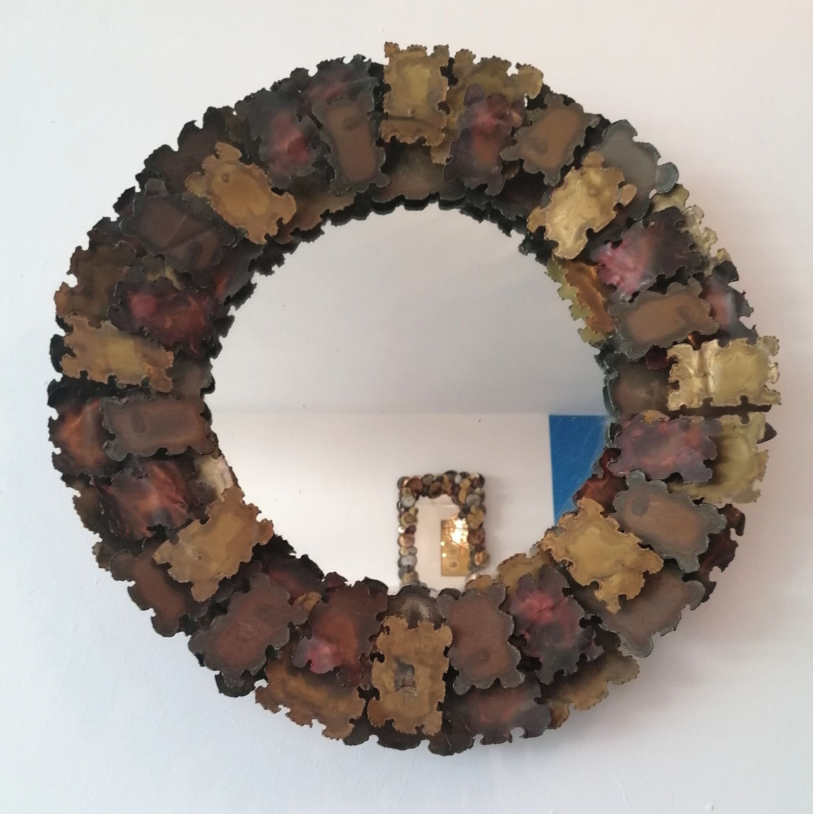 Brutalist Brass & Copper Wall Mirror, Manner Of Curtis Jere, USA, 1960s Mid Century photo for sale