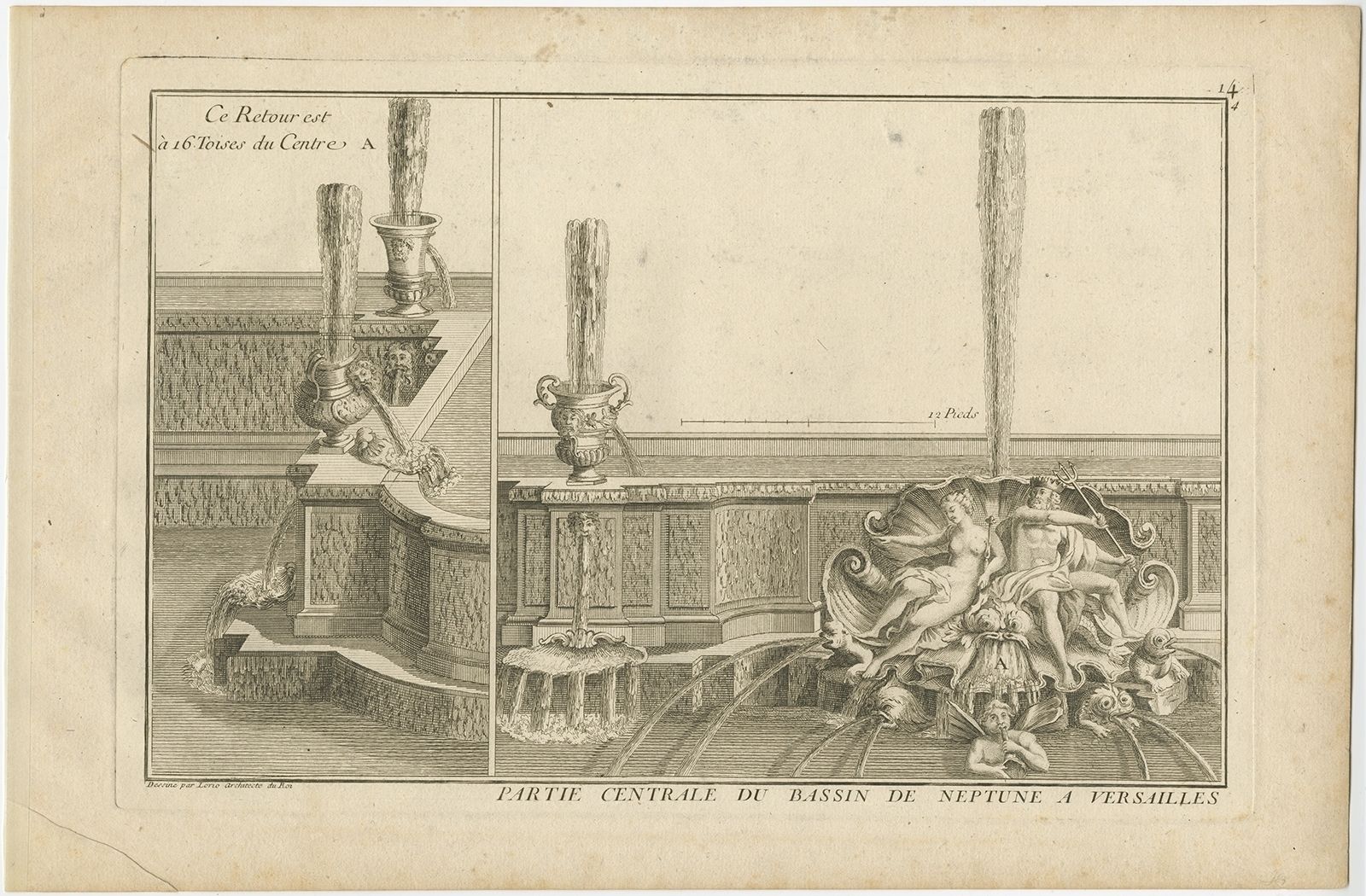 Pl. 14 Antique Print Of The Neptune Fountain Of Versailles By Le Rouge (1776)