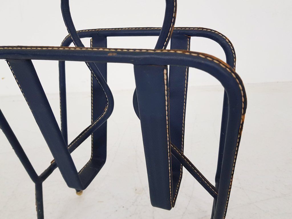 Mid Century Magazine Stand By Jacques Adnet Stitched Blue Leather, France, 1950s photo Home Decor
