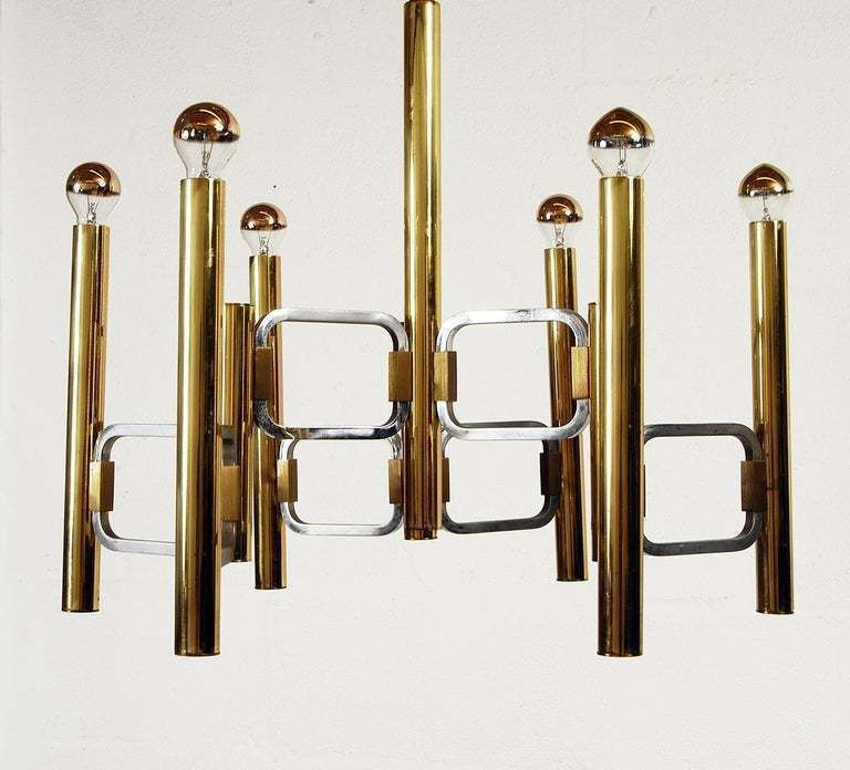 1960s Italian Modernist Brass And Chrome Ceiling Lamp By Profili Industria Lampadari Spa 'Modulo Collection' photo for sale