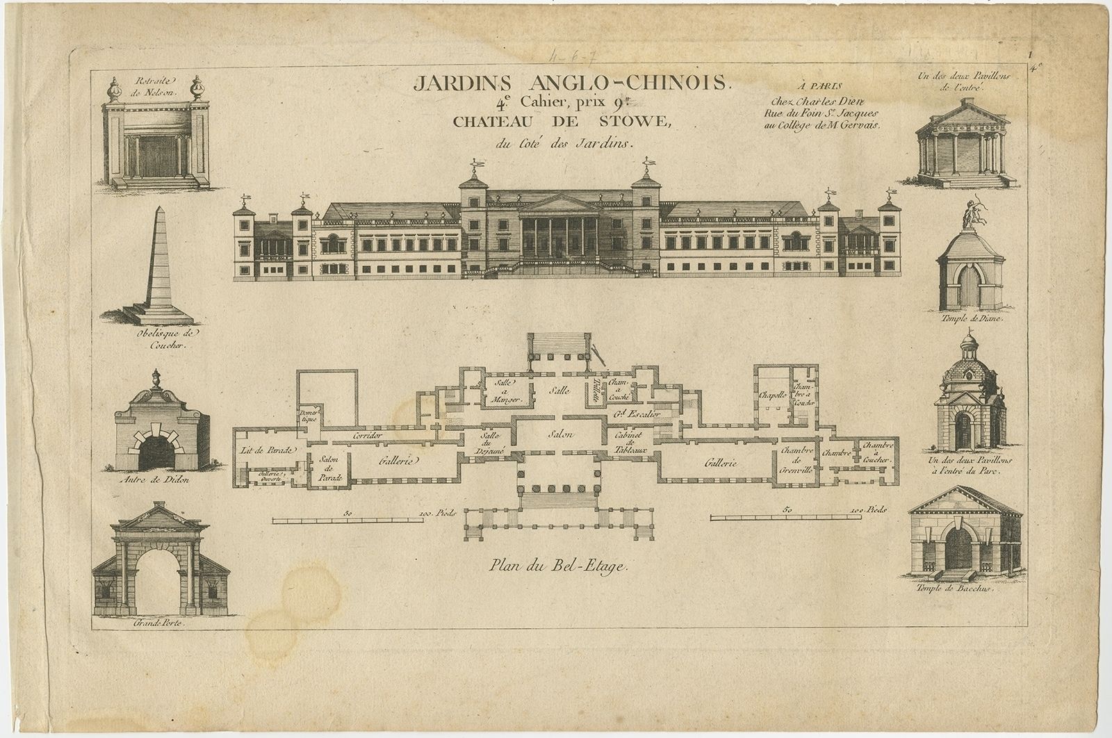 Pl. 1 Antique Print Of The Stowe House By Le Rouge (1776)