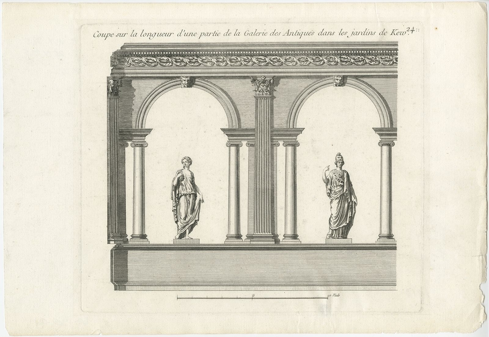 Pl. 24 Antique Print Of A Section Of The Kew Gardens By Le Rouge (C.1785)