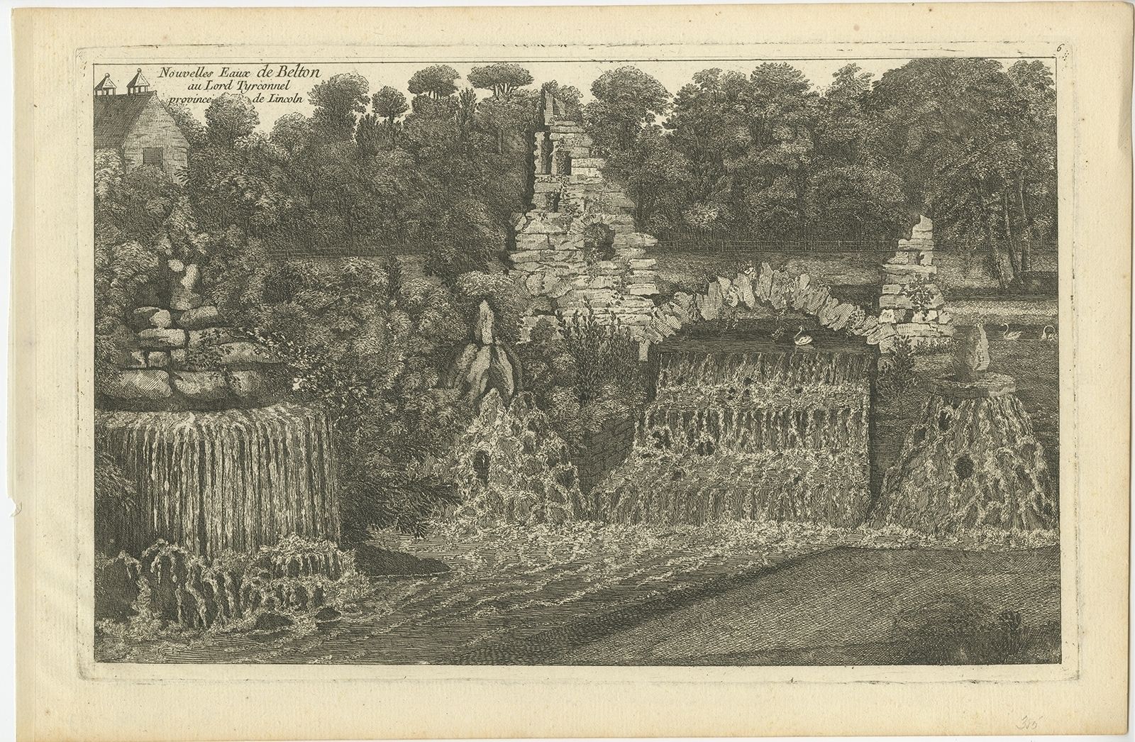 Pl. 6 Antique Print Of A Waterfall By Le Rouge (C.1785)