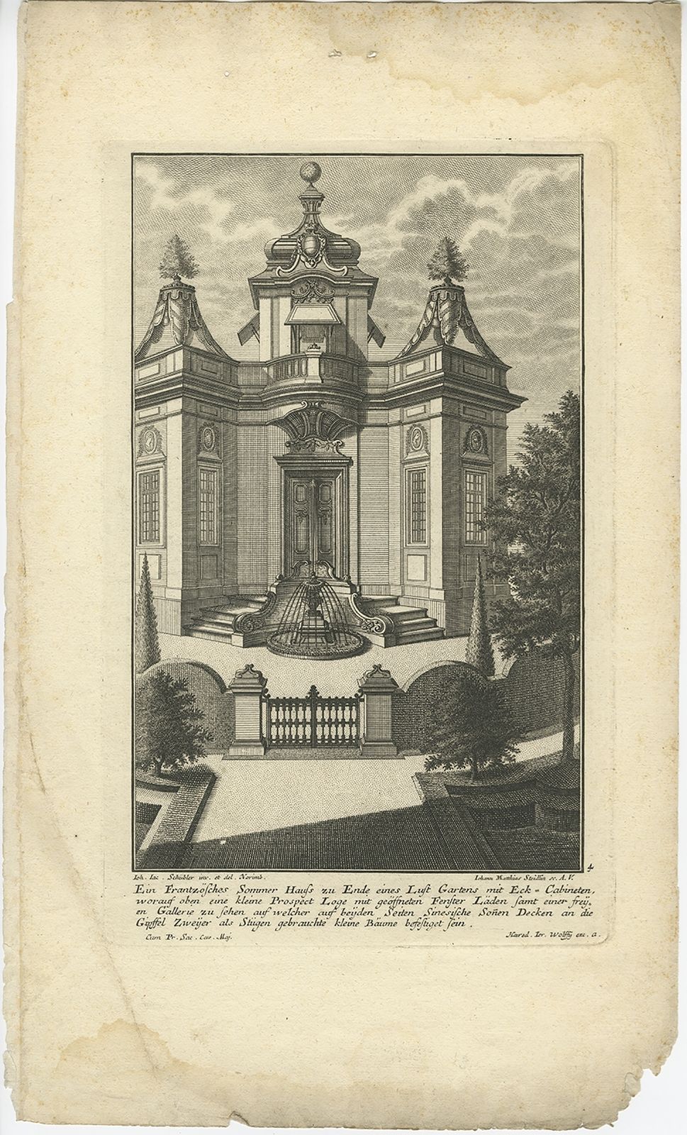 Pl. 4 Antique Print Of A French Garden Summer House By Schübler (C.1724)