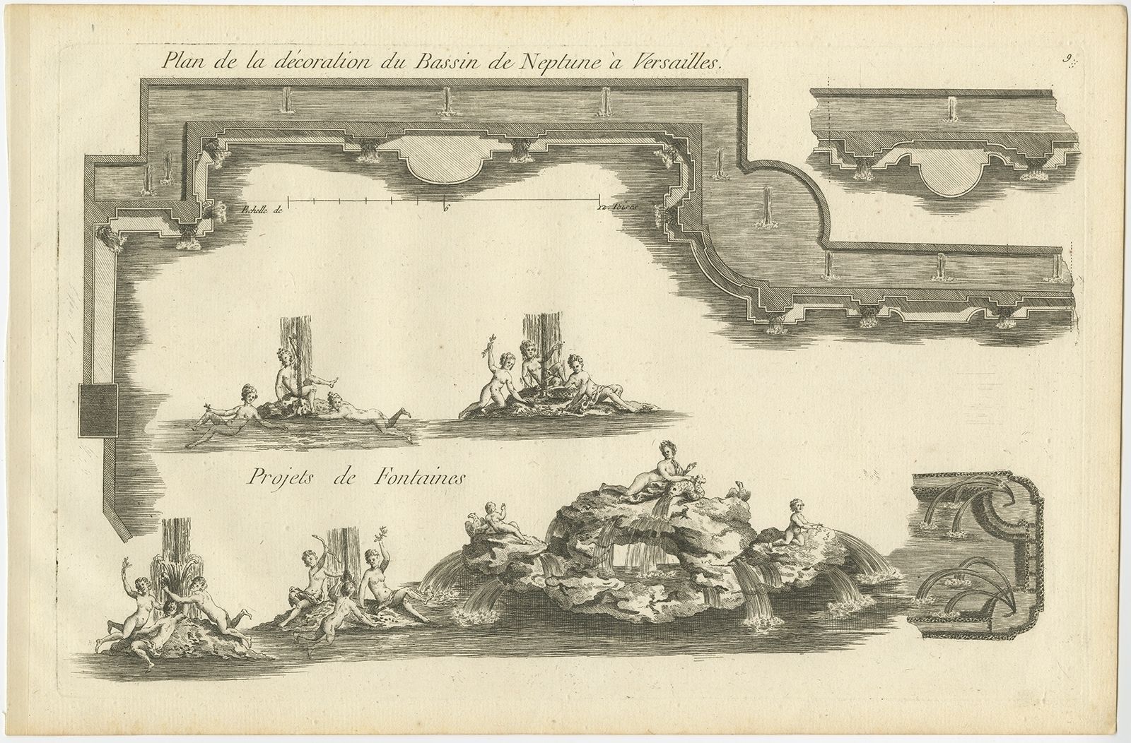 Pl. 9 Antique Print Of The Neptune Fountain Of Versailles By Le Rouge (C.1785)