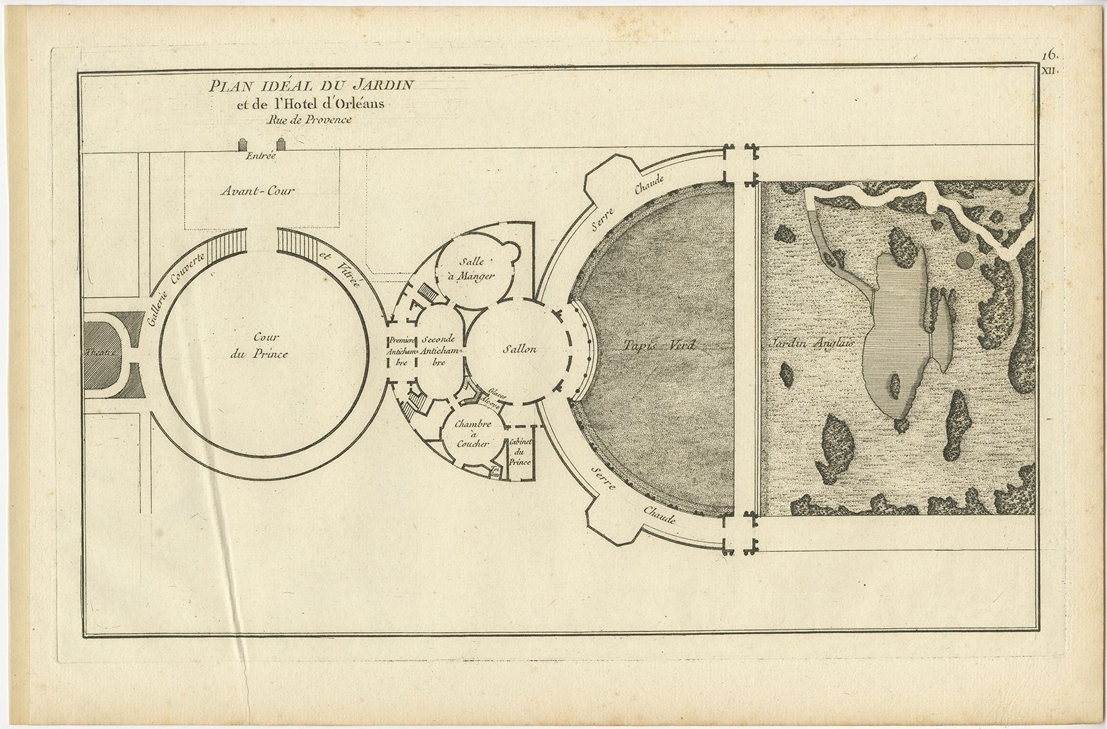Pl. 16 Antique Print Of The Garden Of A Hotel By Le Rouge (C.1785)