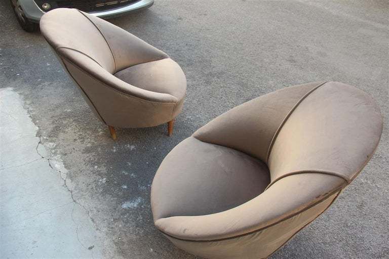 Federico Munari Midcentury Armchairs Bronze Velvet Curved Wooden Feet, 1950s photo vintage