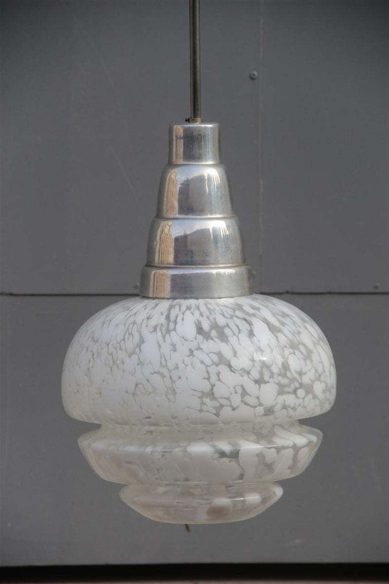 Round Midcentury Italian Design Chandelier Aluminum Murano White Glass, 1960 photo Lighting