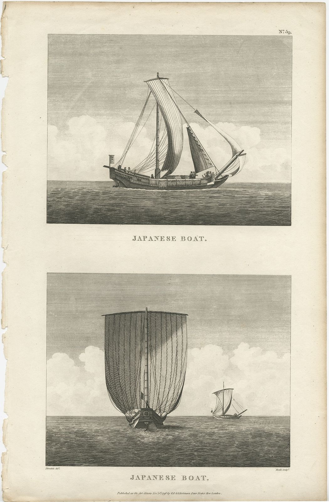 Antique Print Of Japanese Boats By Heath (1799)