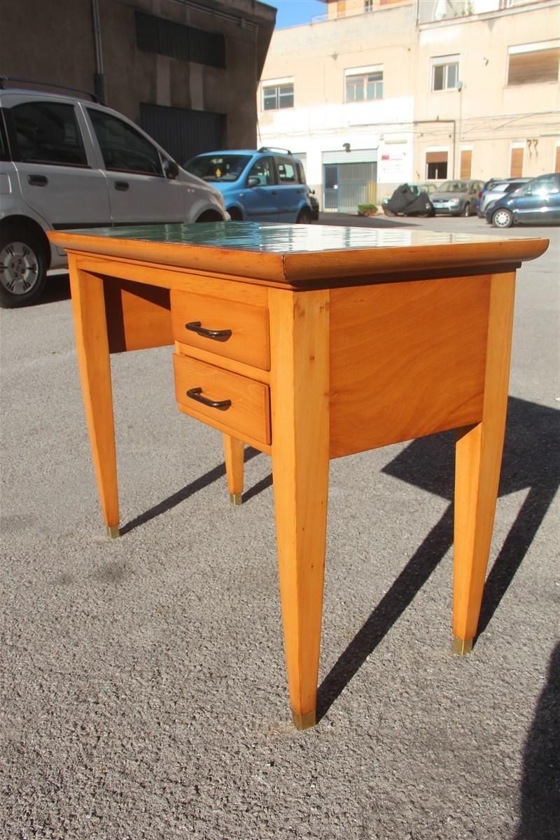 Mid Century Small Desk In Beech Wood With Green Laminate Top Brass Foot