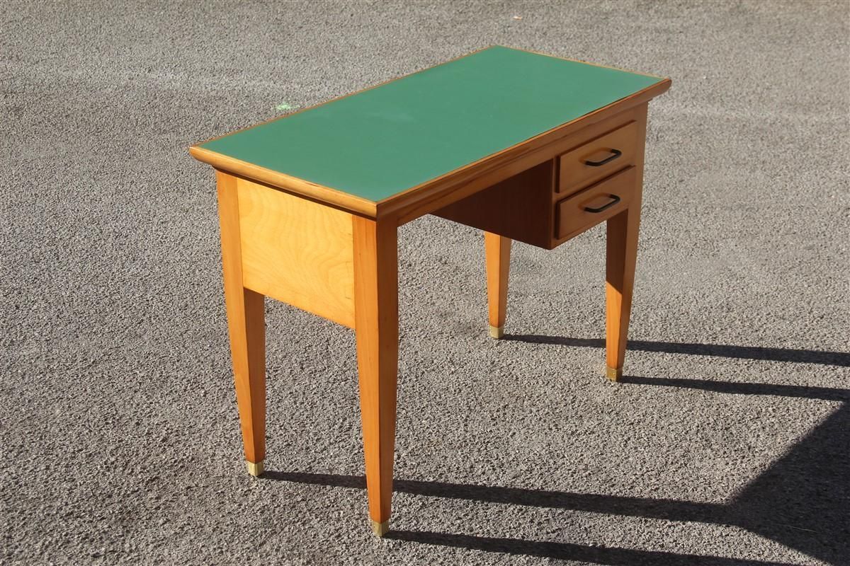 Mid Century Small Desk In Beech Wood With Green Laminate Top Brass Foot photo Furniture