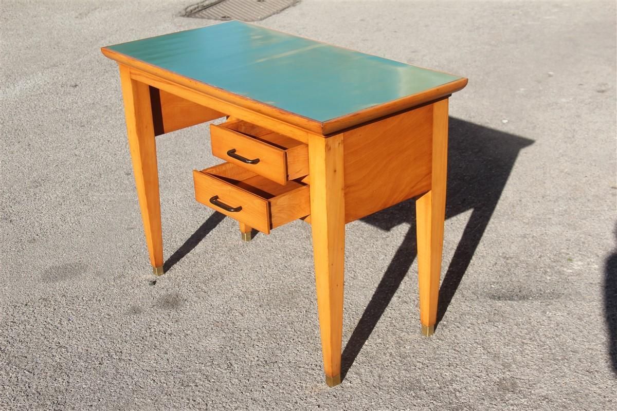 Mid Century Small Desk In Beech Wood With Green Laminate Top Brass Foot photo vintage
