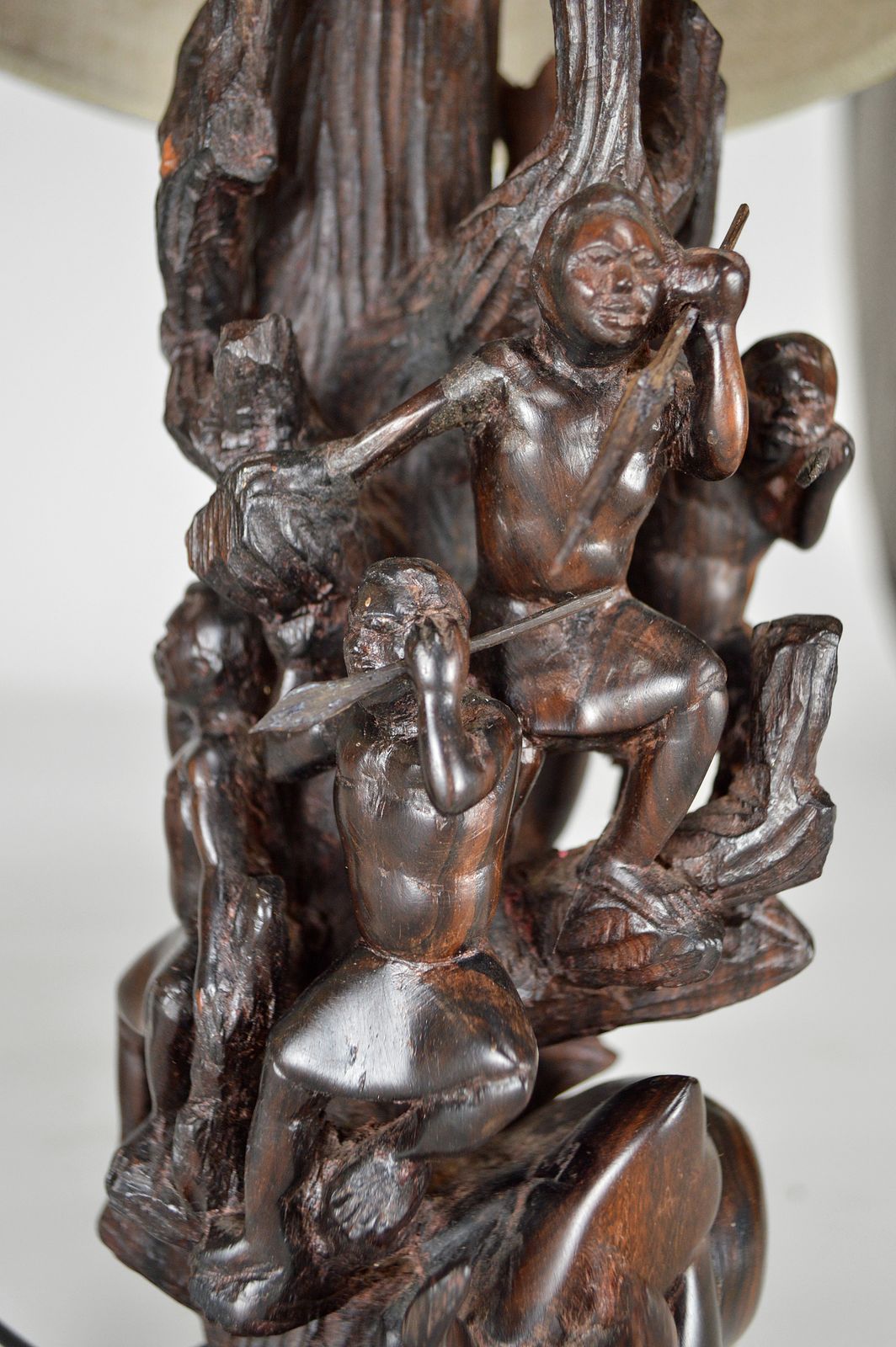 African Carved Ebony Wood Sculpture / Lamp, "Hunters, Buffalo And Crocodile" photo for sale