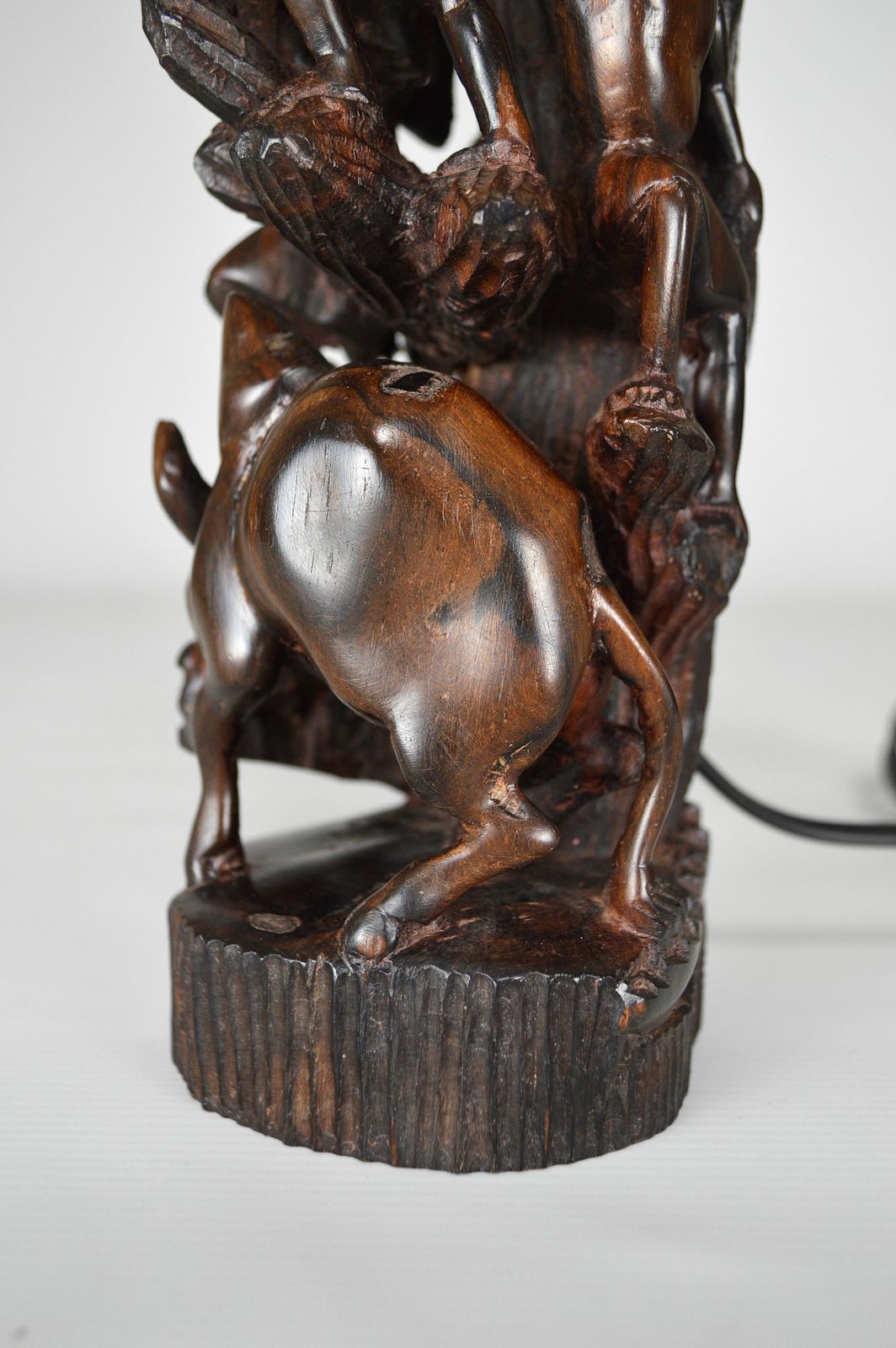 African Carved Ebony Wood Sculpture / Lamp, "Hunters, Buffalo And Crocodile" photo 1140.0