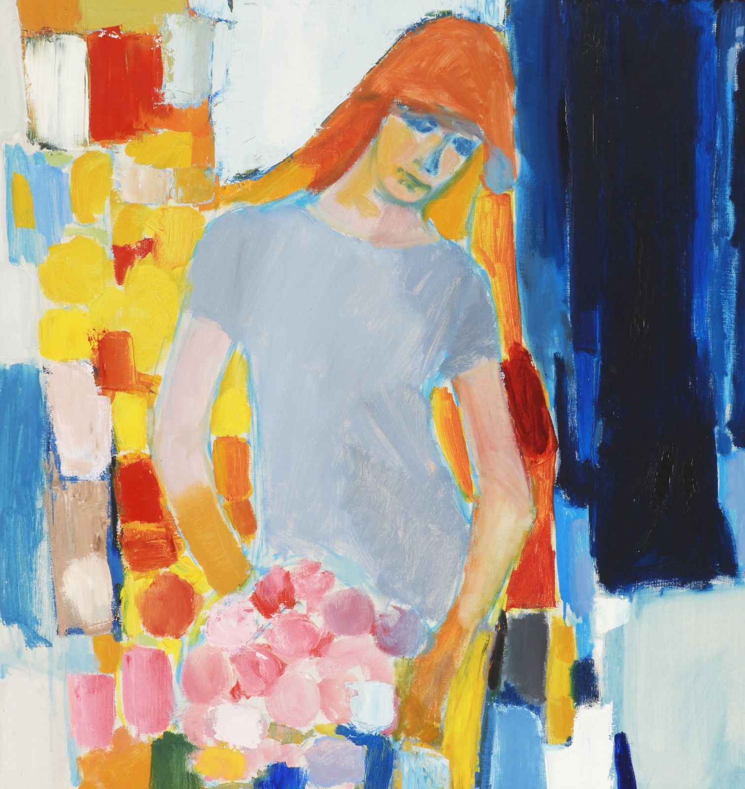 photo furniture Large Mid Century Painting Portrait Of A Young Woman C1960 Acrylic On Canvas