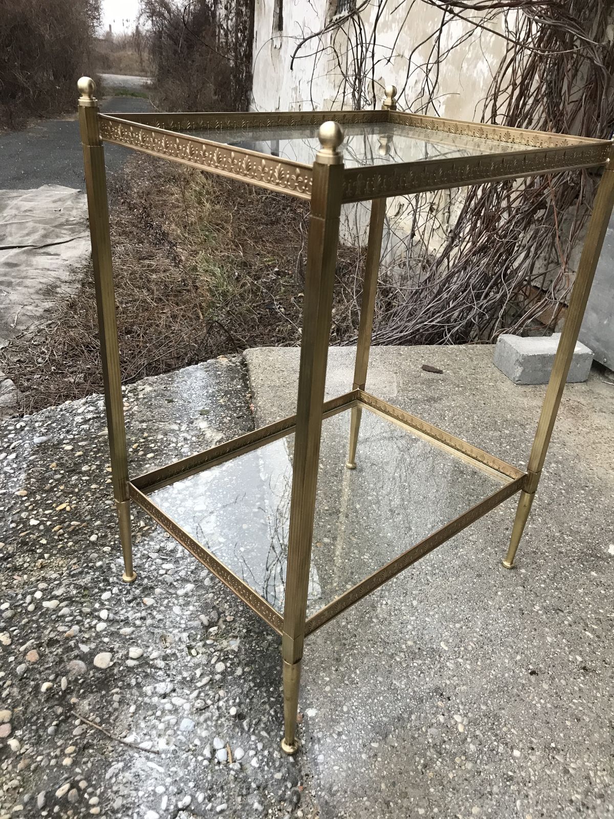 French Neoclassical Brass Side Table With Glass Shelves Circa 1950 In The Style Of Maison Jansen photo vintage