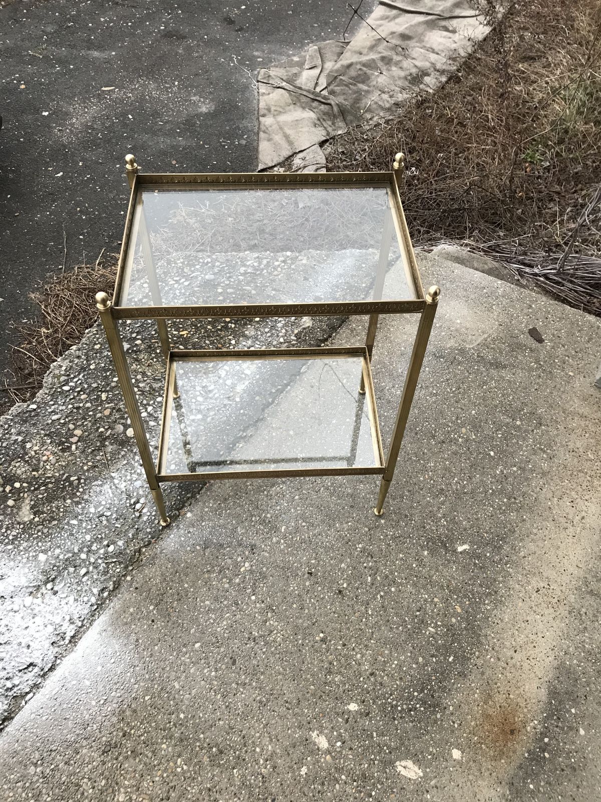 photo for sale French Neoclassical Brass Side Table With Glass Shelves Circa 1950 In The Style Of Maison Jansen