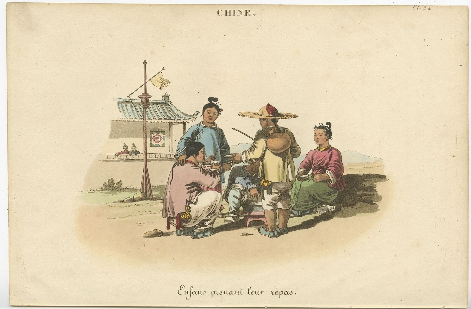 Antique Print Of Chinese Children Having Their Meal (C.1820)