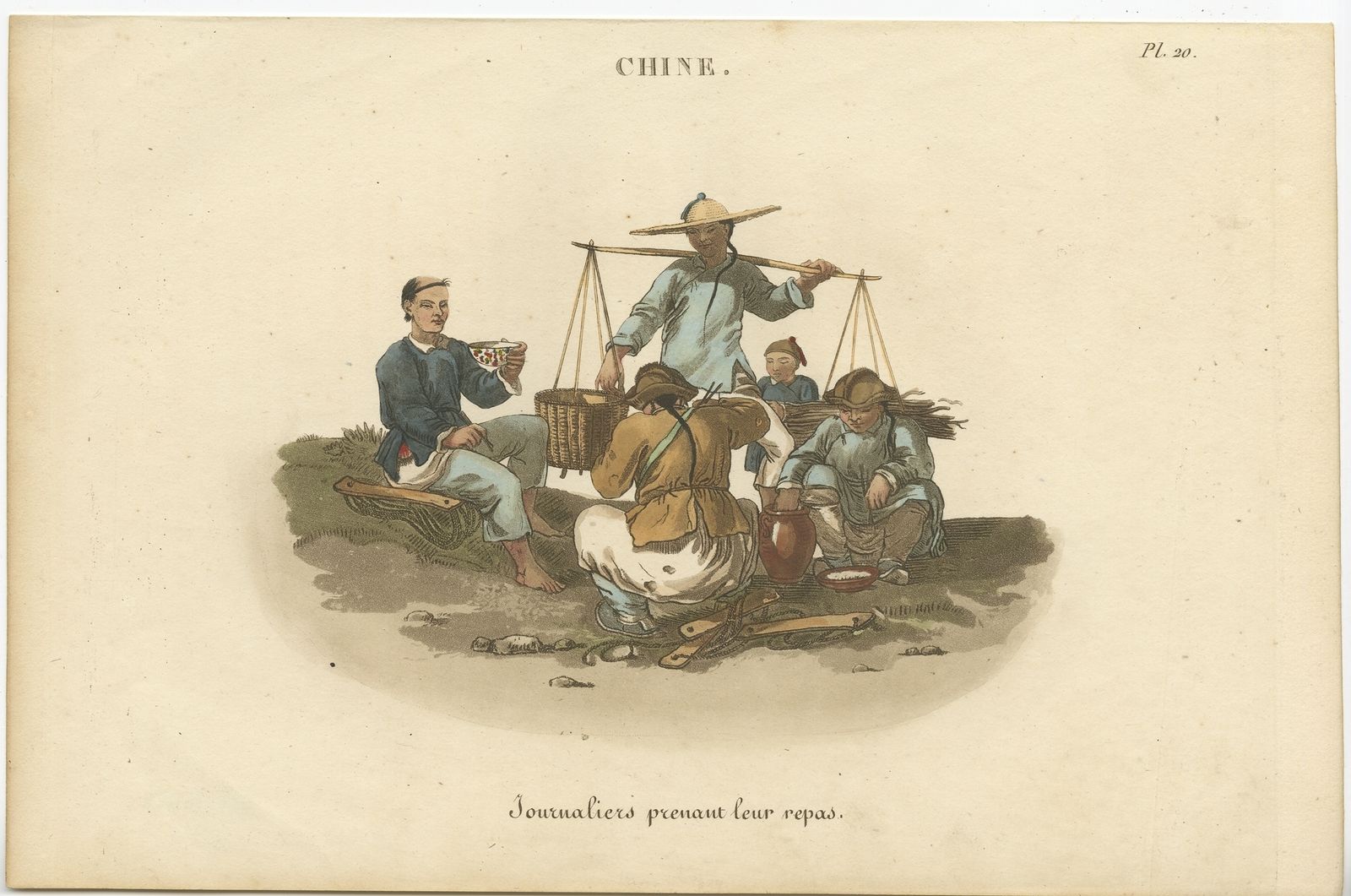 Antique Print Of Chinese Workers Having Their Meal (C.1820)