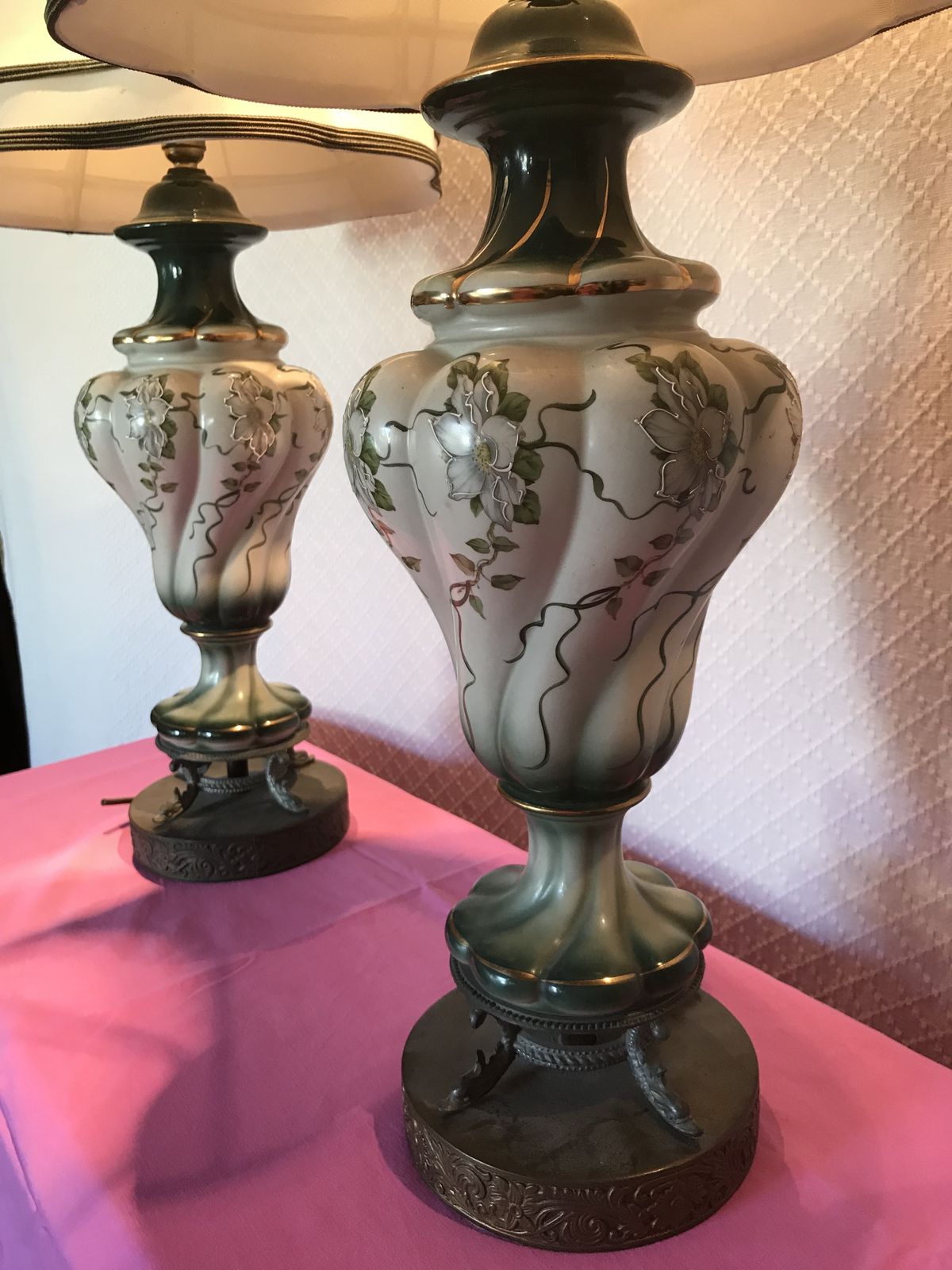 Pair Of Green Pottery Lamps With Embellished Flower Design And Lined Lampshades photo Lighting