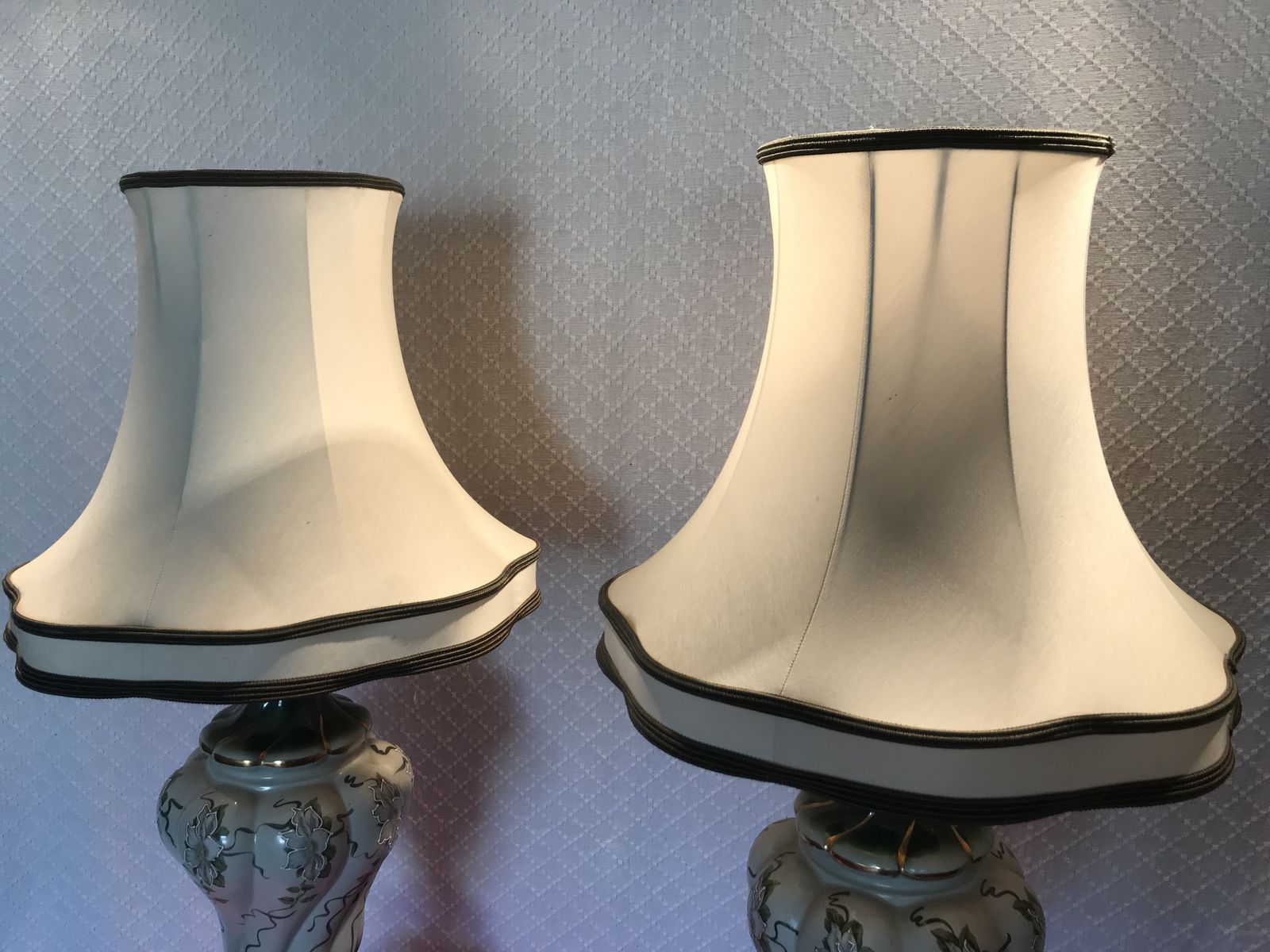 Pair Of Green Pottery Lamps With Embellished Flower Design And Lined Lampshades photo vintage