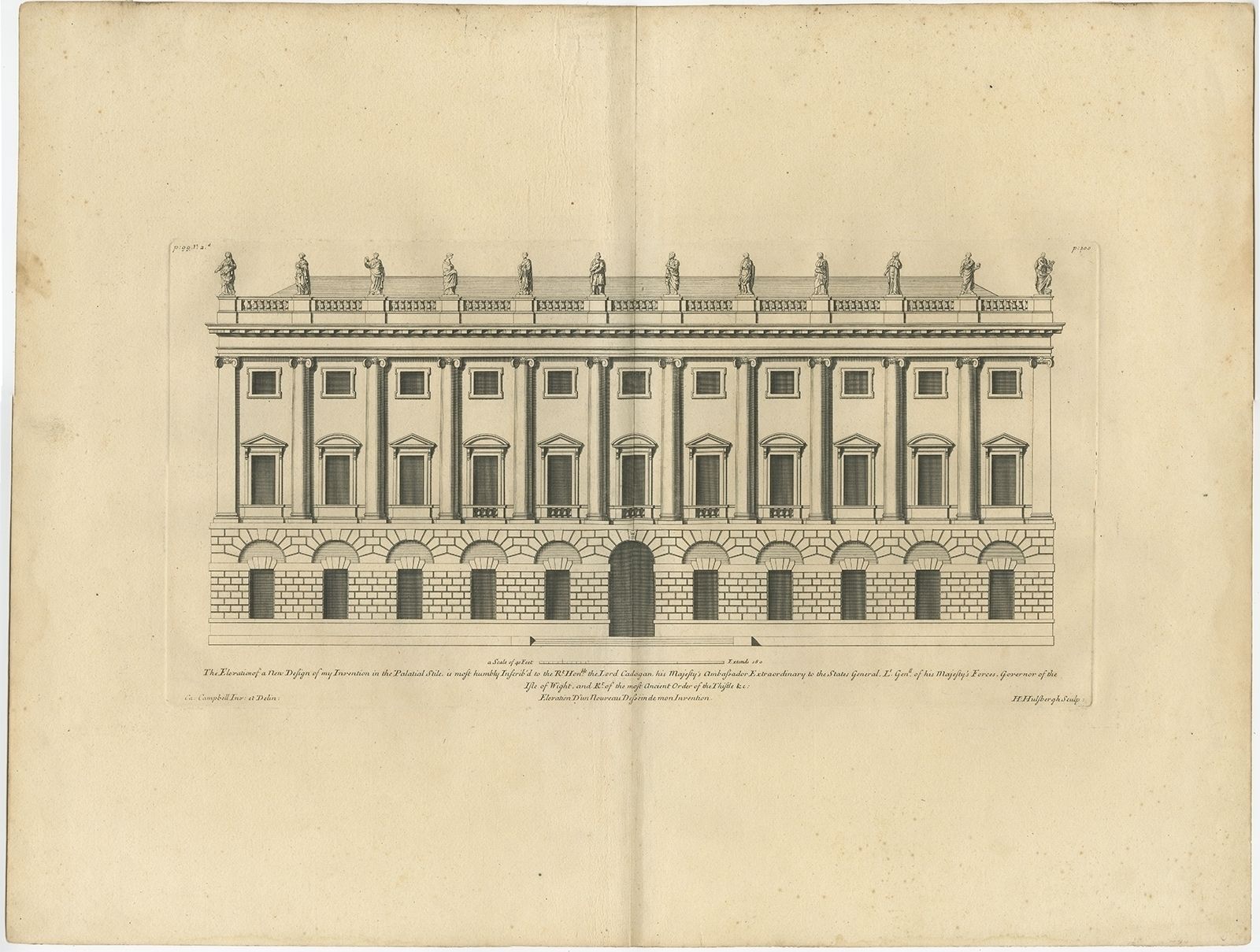 Antique Print Of The Elevation Of A New Design Dedicated To Lord Cadogan By Campbell (1725)