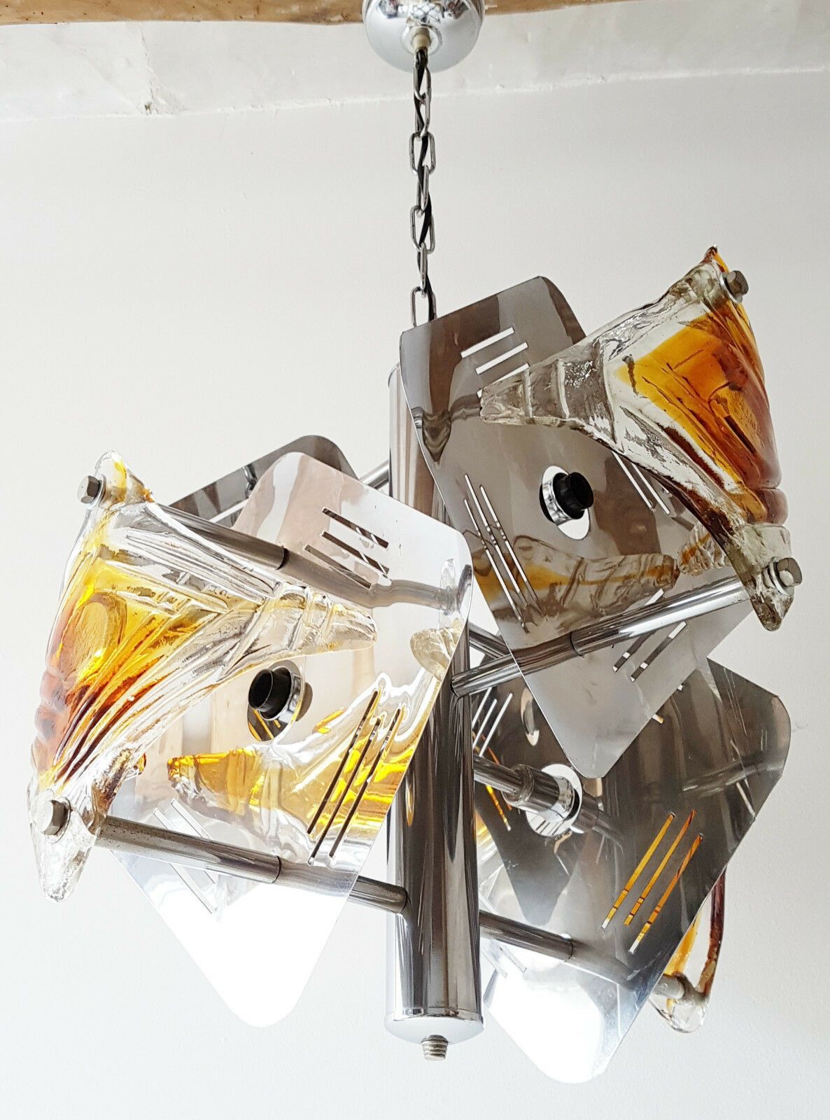 photo furniture Ceiling Chandelier Mazzega In Murano Glass & Steel 1970 Vintage Space Age 70s