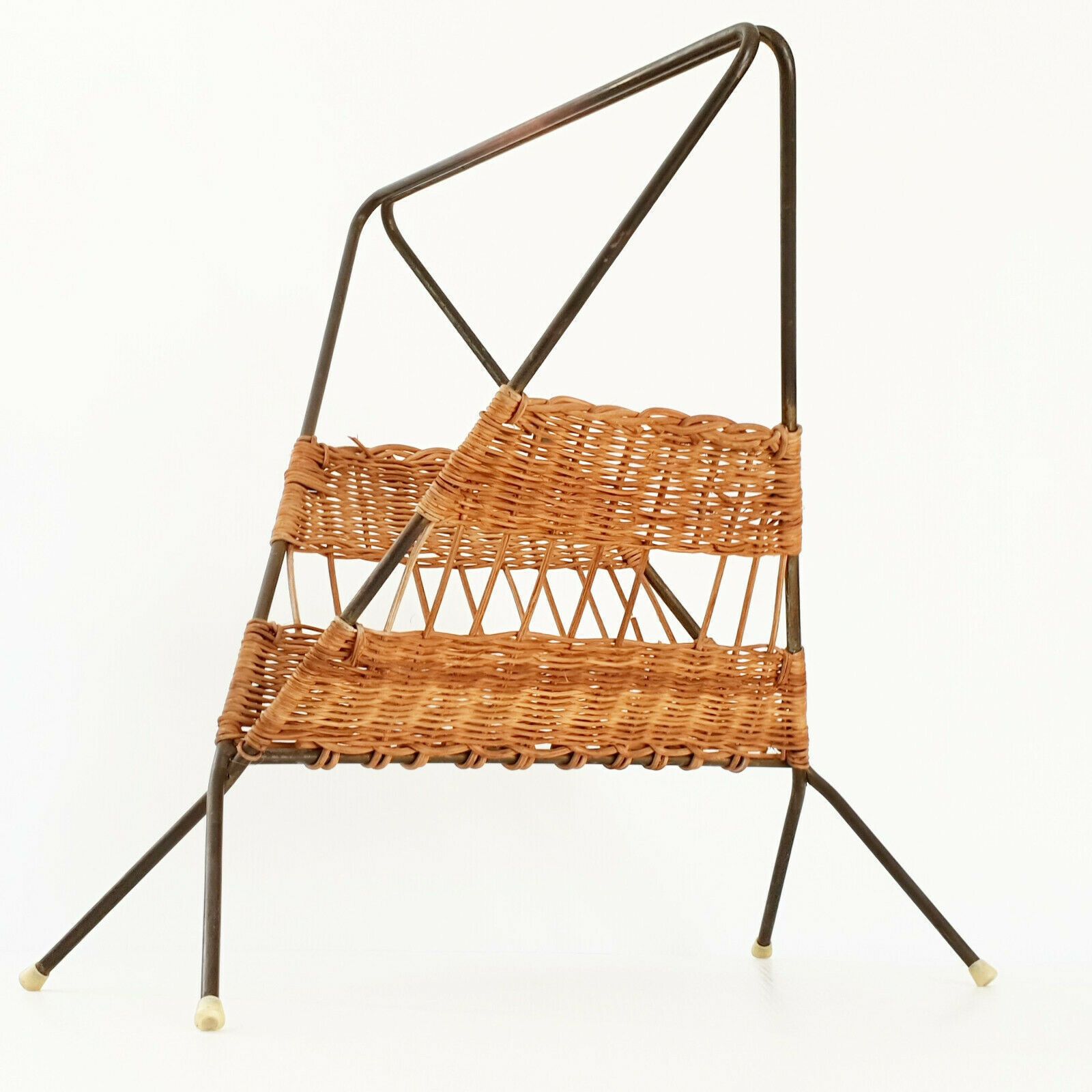 1950s Triangle Magazine Rack In Wicker & Steel 50s 50s Rockabilly photo furniture