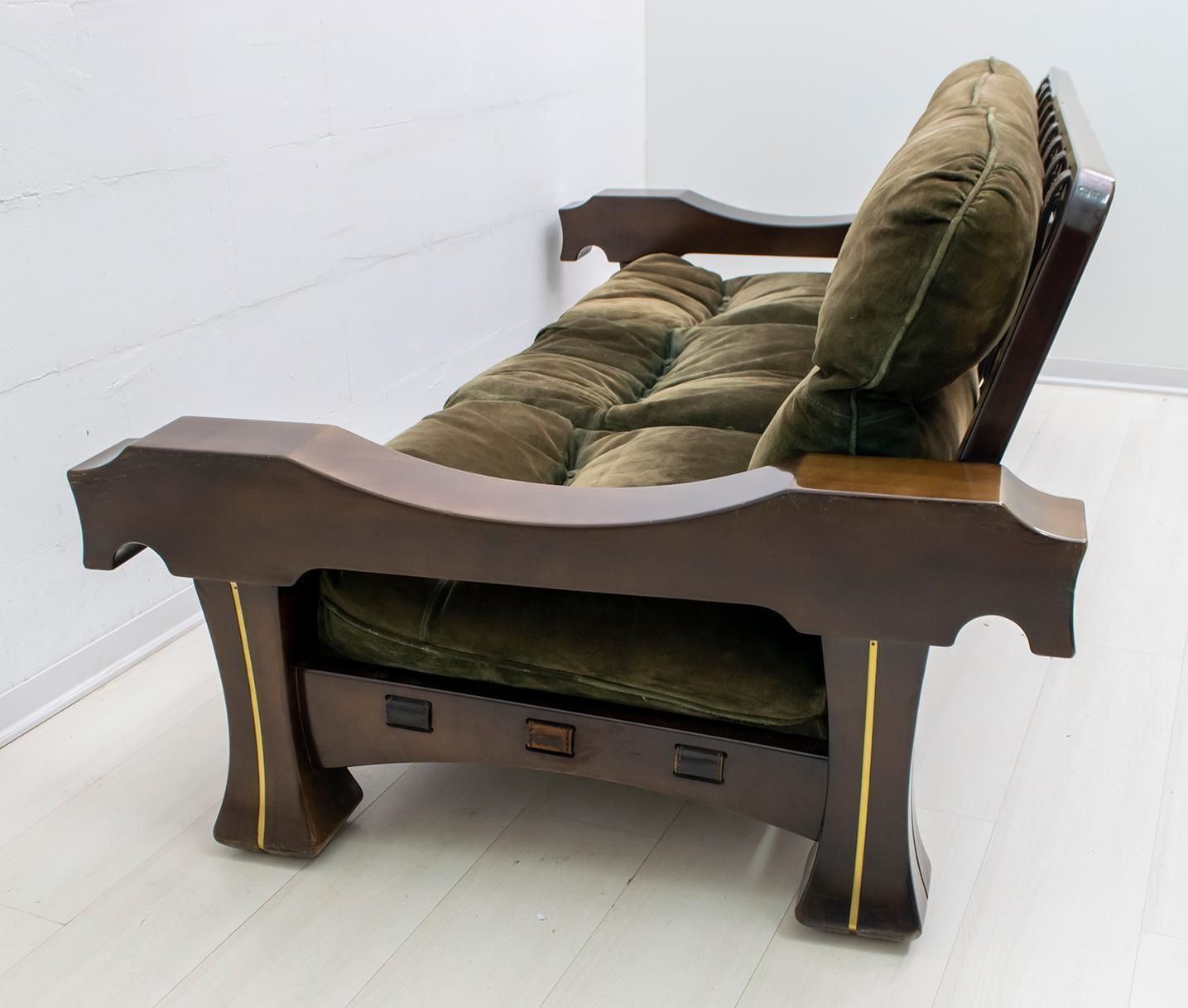 Luciano Frigerio Mid Century Modern Italian Wood And Suede Sofa "Ussaro", 1970s photo vintage