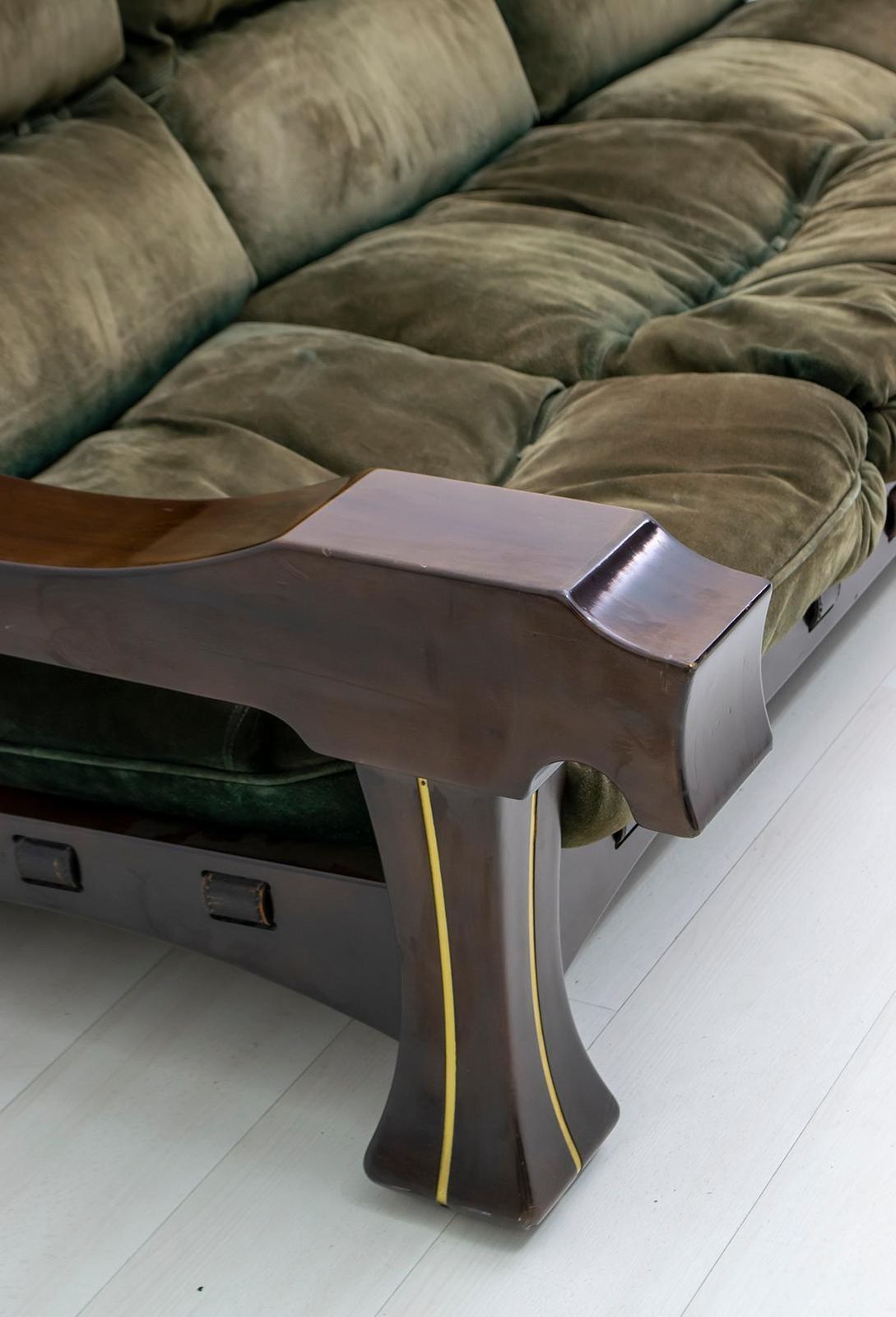 photo furniture Luciano Frigerio Mid Century Modern Italian Wood And Suede Sofa "Ussaro", 1970s