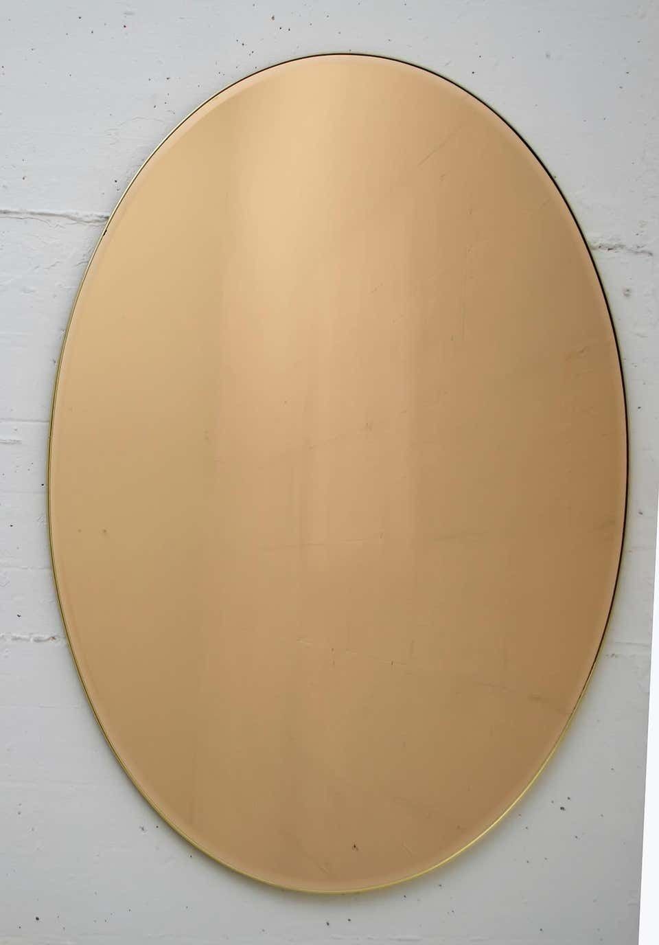 Pair Of Mid Century Modern Italian Oval Mirrors Brass And Bronzed Mirror, 1970s photo vinterior