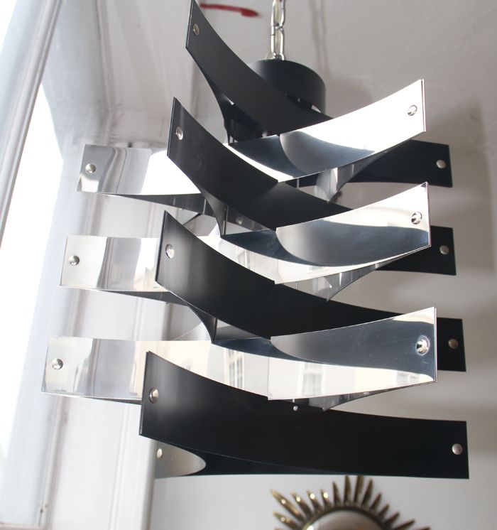A Geometric Black & Polished Aluminium Ceiling Light, In The Manner Of Max Sauze. Italy, 1960s. In Immaculate Condition. photo furniture