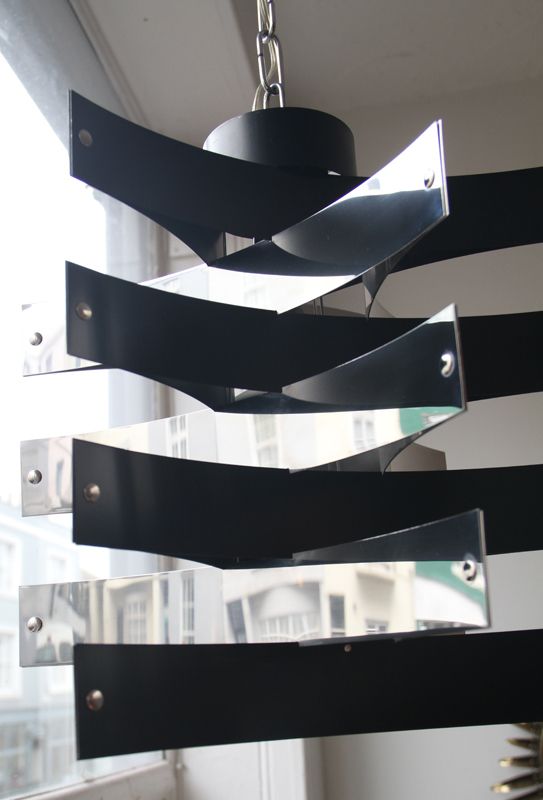 A Geometric Black & Polished Aluminium Ceiling Light, In The Manner Of Max Sauze. Italy, 1960s. In Immaculate Condition. photo Lighting