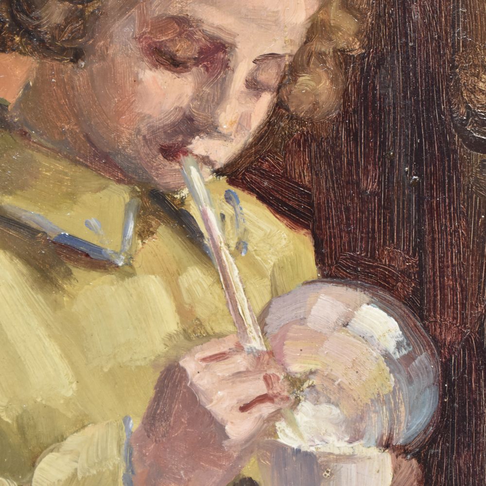Portrait Painting, Child Playing, Art Deco, Oil On Wood, Early 20th Century. (Qr189) photo for sale