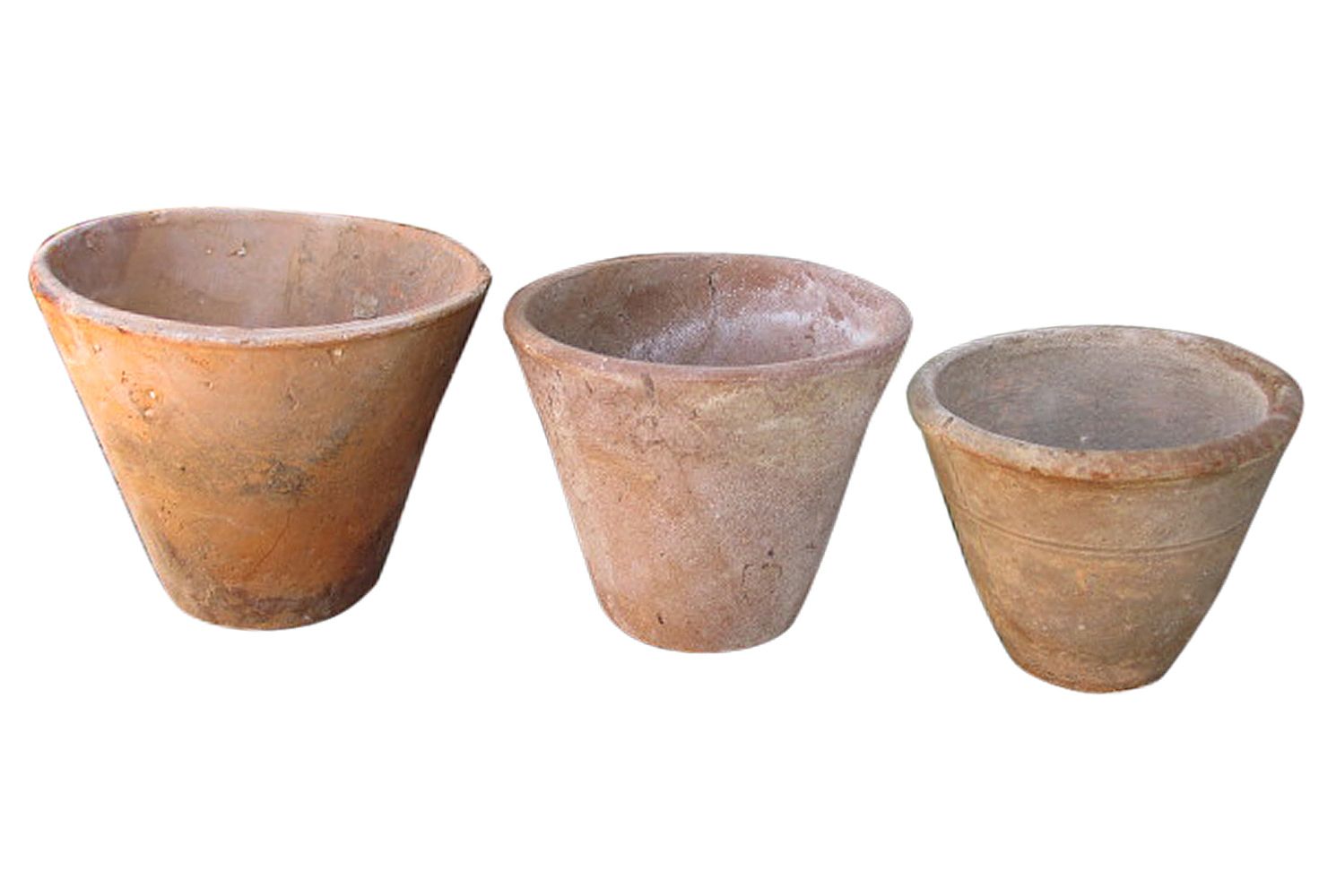 3 Vintage French Hand Thrown Petite Clay Primitive Flower Pots