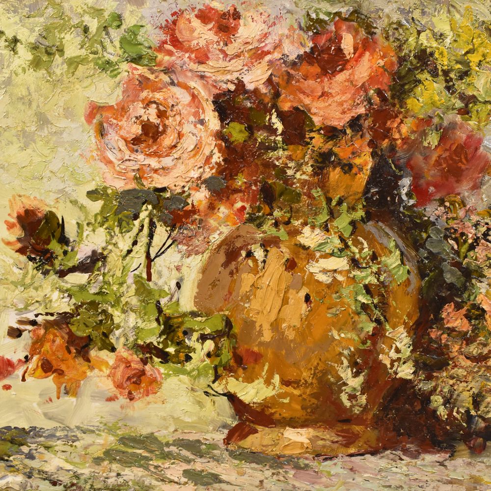 Flower Painting, Rose Painting, Still Life, Oil On Wood, Early Twentieth Century.  (Qf207) photo furniture
