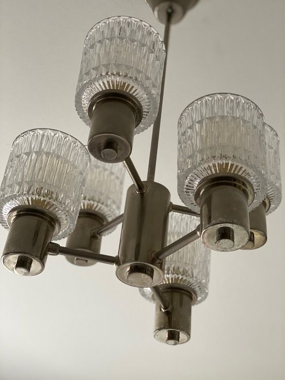 Tyringe 6 Armed Crystal Chandelier With Textured Glass Shades 1960s photo 798.0