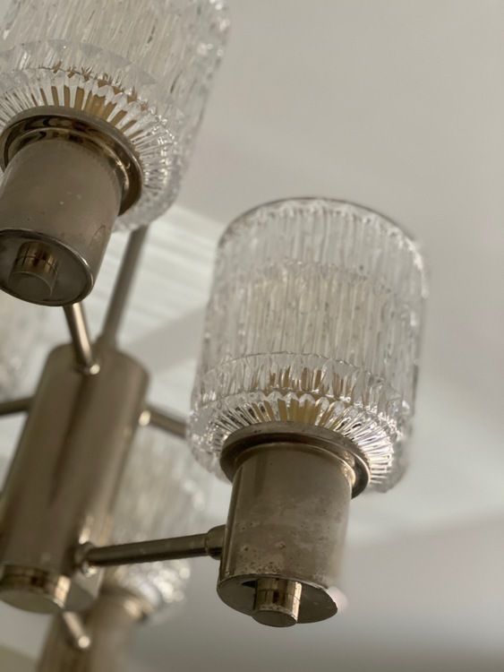 Tyringe 6 Armed Crystal Chandelier With Textured Glass Shades 1960s photo buy